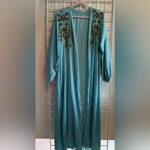 Unique Arabian Elegant Teal Embroidered Maxi Dress Kimono